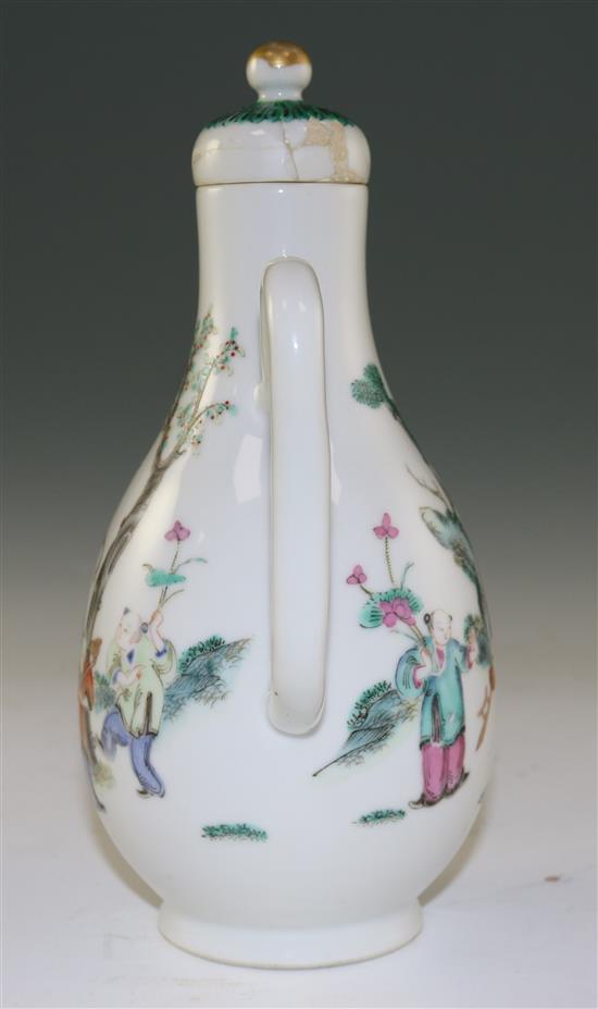 A Chinese famille rose pear-shaped wine ewer and cover, late 19th century, 21.5cm, cover repaired